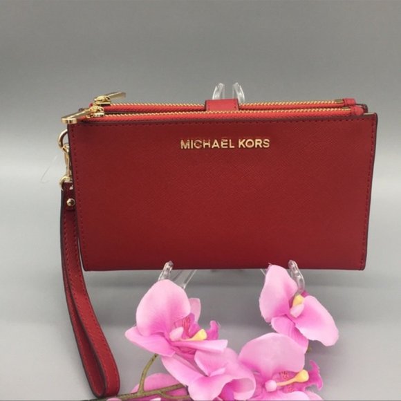 Michael Kors Large Double Zip Wristlet Leather Flame Color - Picture 1 of 15